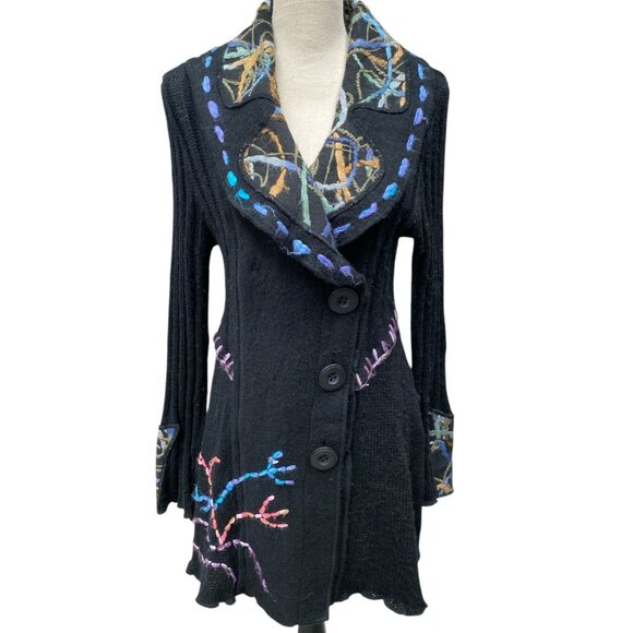 SIONI Anthropologie Cardigan Sweater Jacket Embroider PL Wool Button Blend Black - Picture 1 of 13